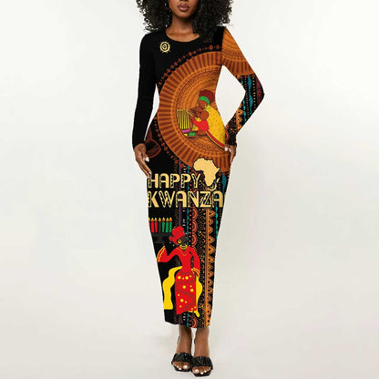 Happy Kwanzaa African Long Sleeve Bodycon Dress - Tribal Pattern LT03