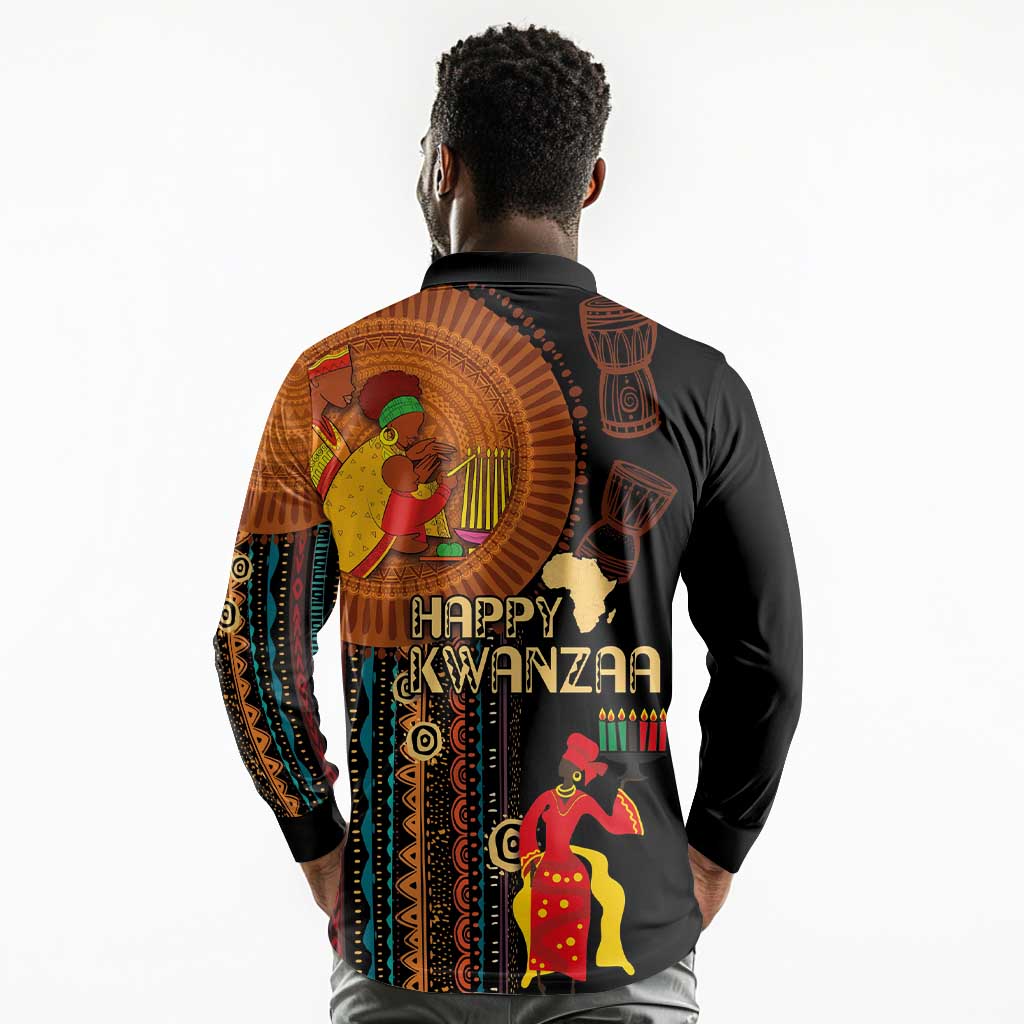 Happy Kwanzaa African Long Sleeve Polo Shirt - Tribal Pattern
