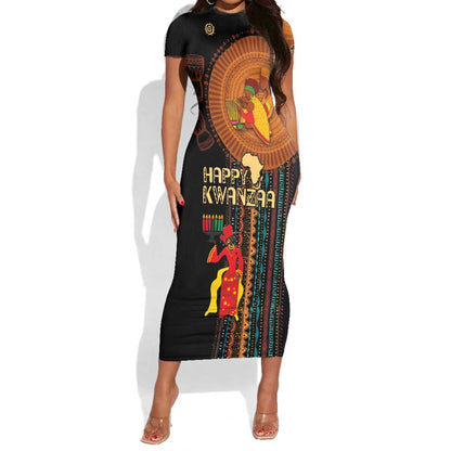 Happy Kwanzaa African Short Sleeve Bodycon Dress - Tribal Pattern LT03