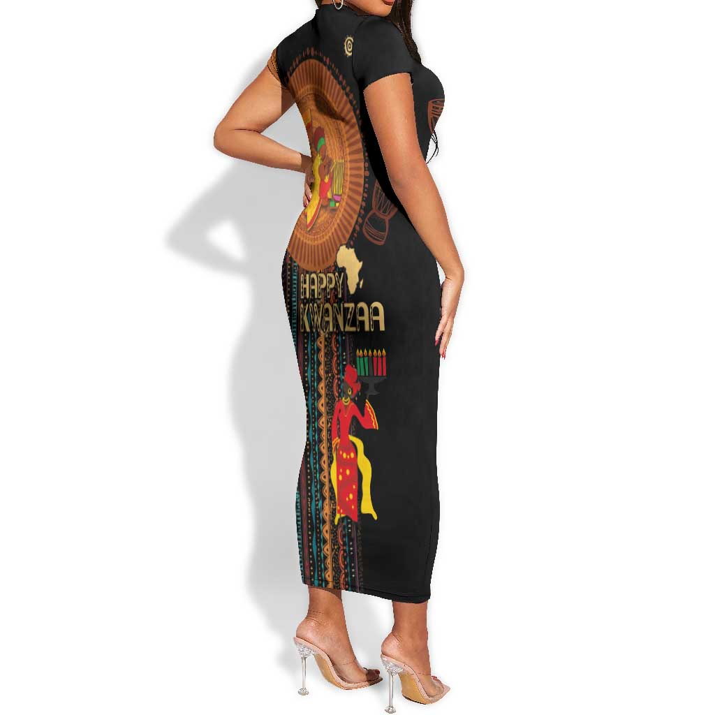 Happy Kwanzaa African Short Sleeve Bodycon Dress - Tribal Pattern LT03