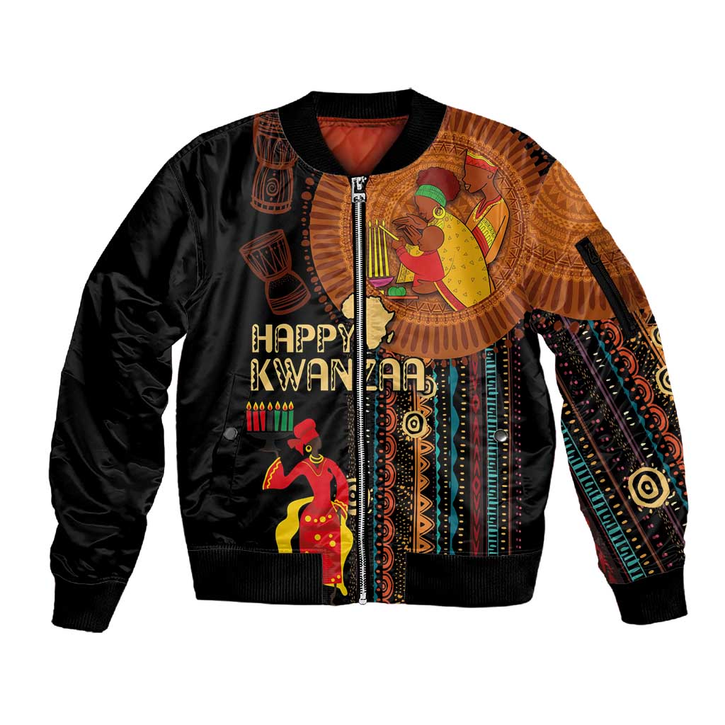 Happy Kwanzaa African Sleeve Zip Bomber Jacket - Tribal Pattern