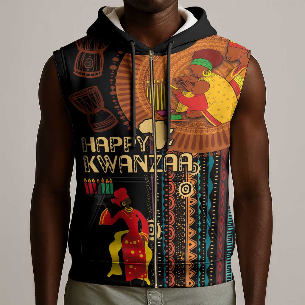 Happy Kwanzaa African Sleeveless Zip Hoodie - Tribal Pattern - African Pride