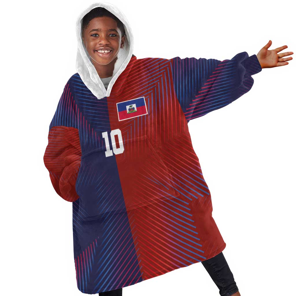 Custom Haiti National Football Kid Wearable Blanket Hoodie Red Blue The Half Sporty Design - African Pride