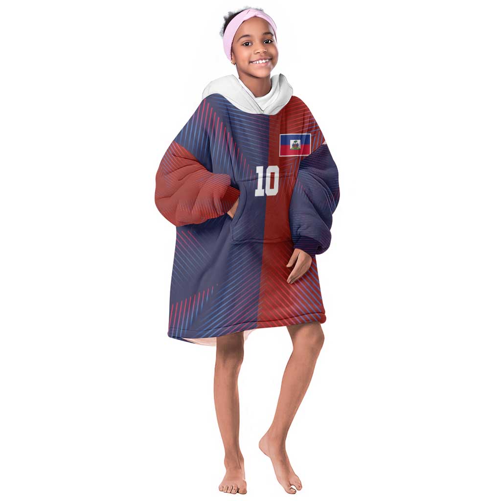 Custom Haiti National Football Kid Wearable Blanket Hoodie Red Blue The Half Sporty Design - African Pride