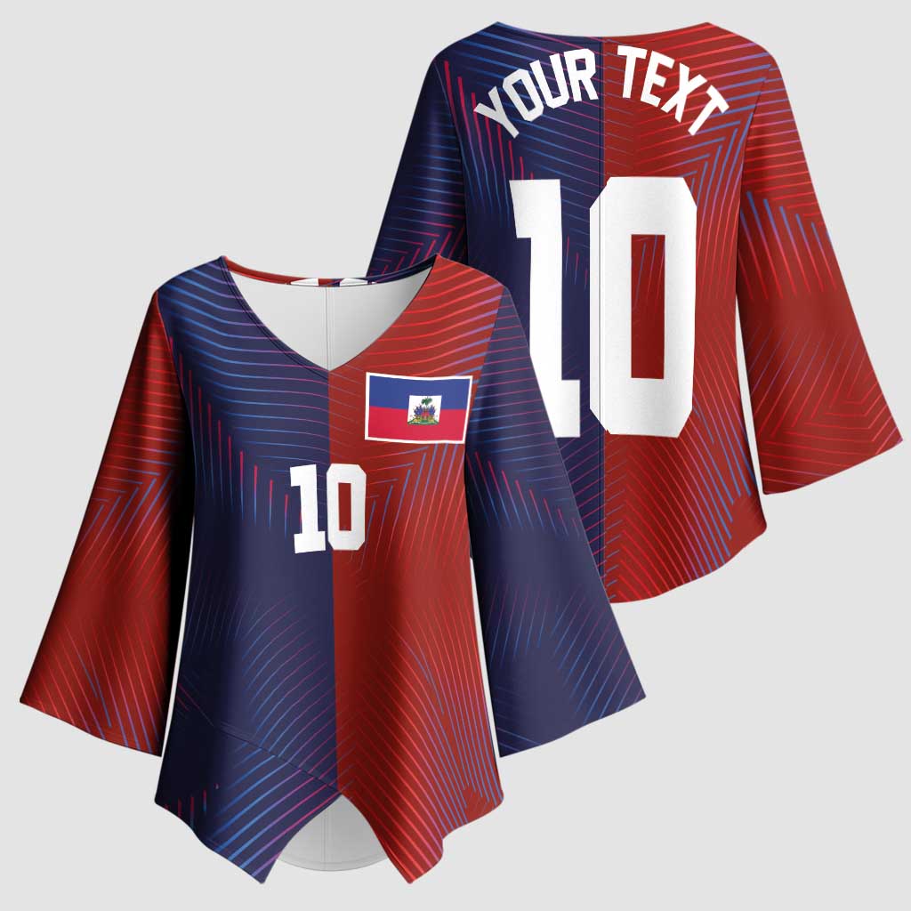 Custom Haiti National Football Kimono Sleeve Blouse Red Blue The Half Sporty Design - African Pride