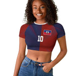 Custom Haiti National Football Raglan Cropped T shirt Red Blue The Half Sporty Design - African Pride