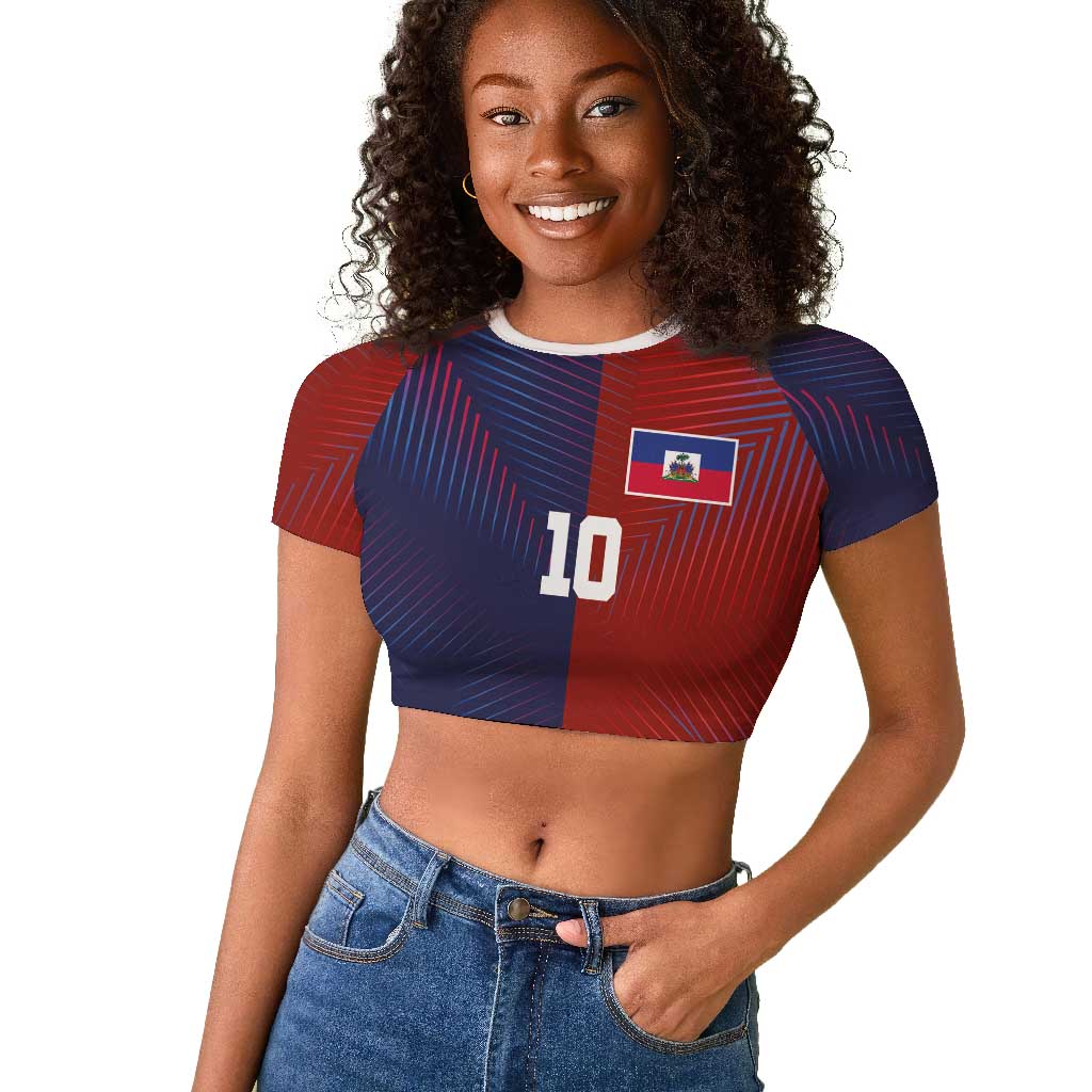 Custom Haiti National Football Raglan Cropped T shirt Red Blue The Half Sporty Design - African Pride