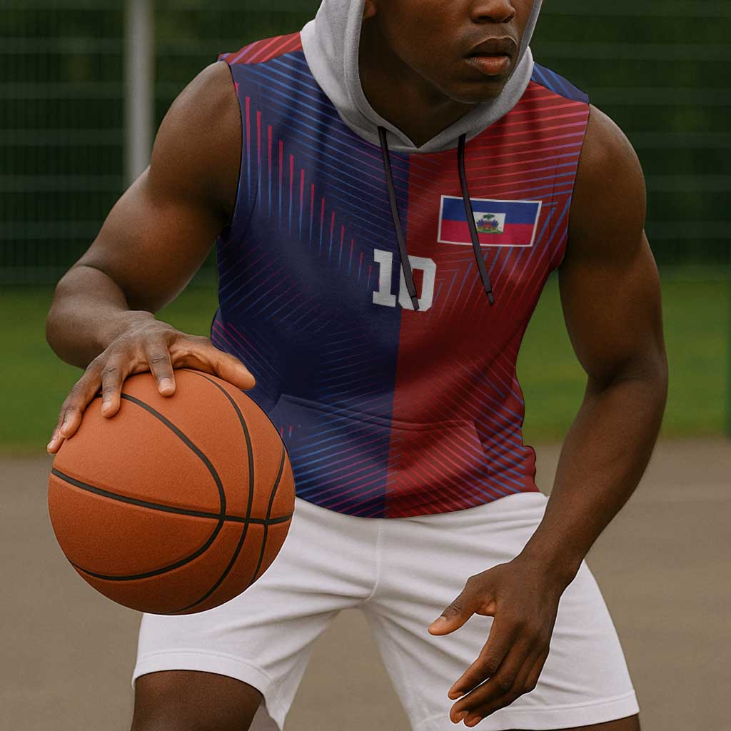 Custom Haiti National Football Sleeveless Hoodie Red Blue The Half Sporty Design - African Pride