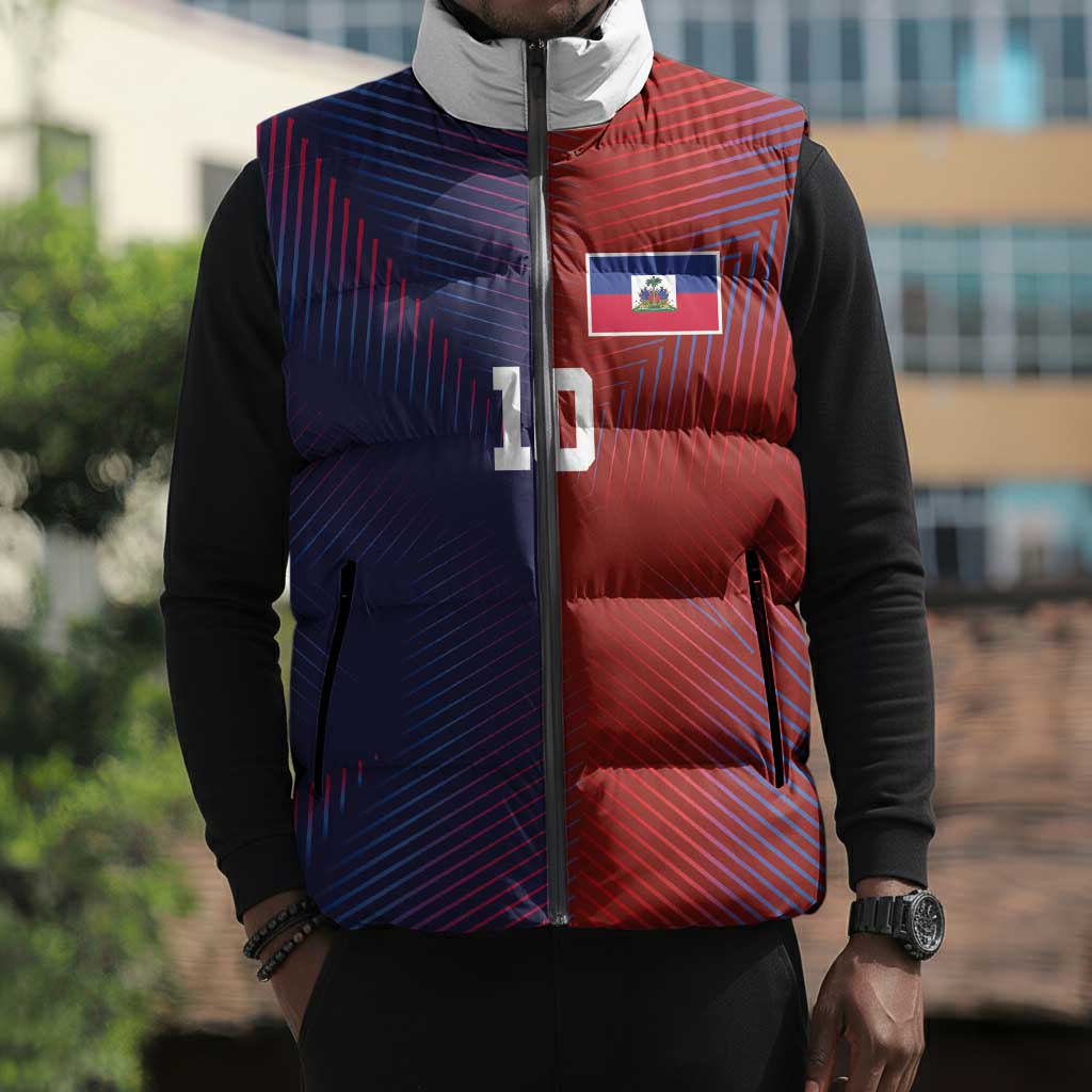 Custom Haiti National Football Sleeveless Puffer Jacket Red Blue The Half Sporty Design - African Pride