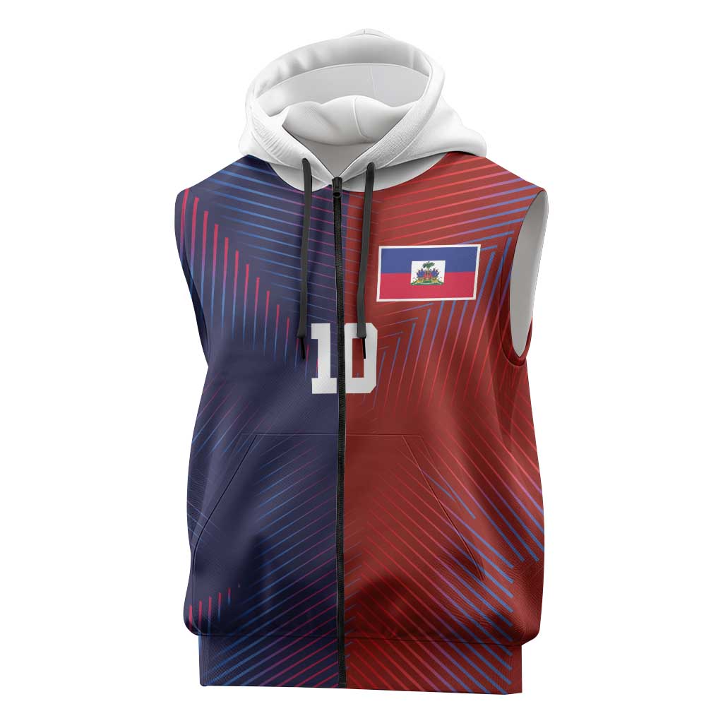 Custom Haiti National Football Sleeveless Zip Hoodie Red Blue The Half Sporty Design - African Pride