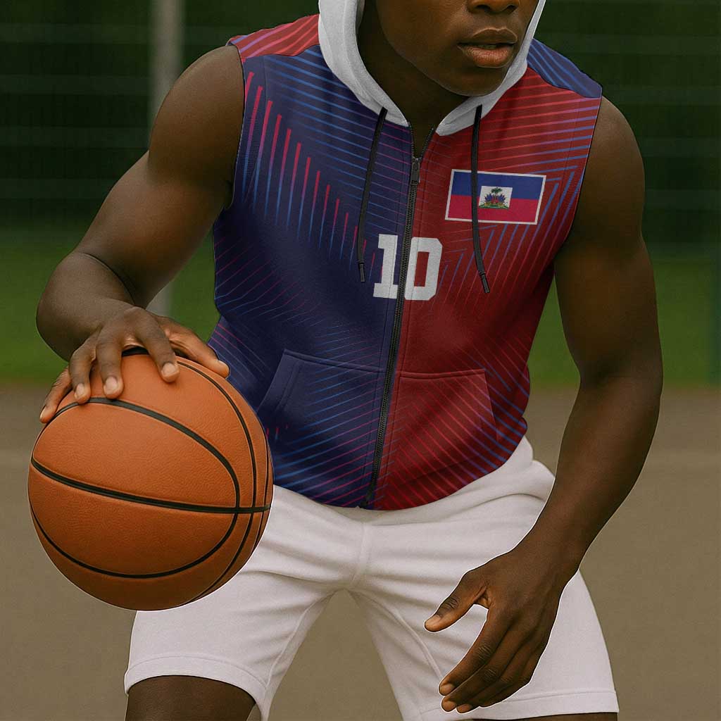 Custom Haiti National Football Sleeveless Zip Hoodie Red Blue The Half Sporty Design - African Pride
