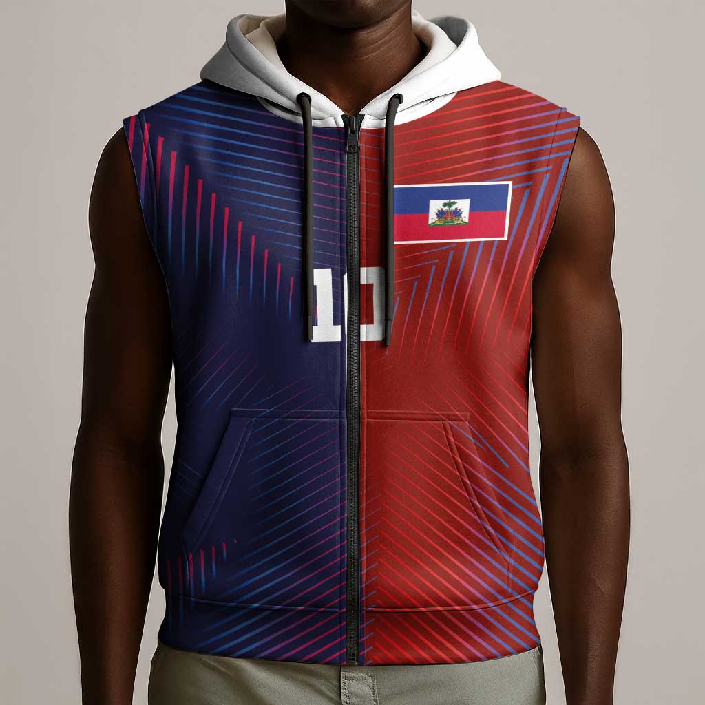 Custom Haiti National Football Sleeveless Zip Hoodie Red Blue The Half Sporty Design - African Pride