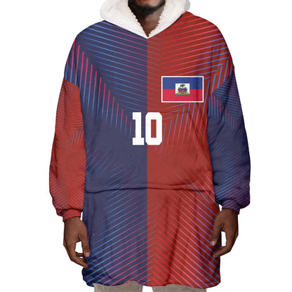 Custom Haiti National Football Wearable Blanket Hoodie Red Blue The Half Sporty Design - African Pride