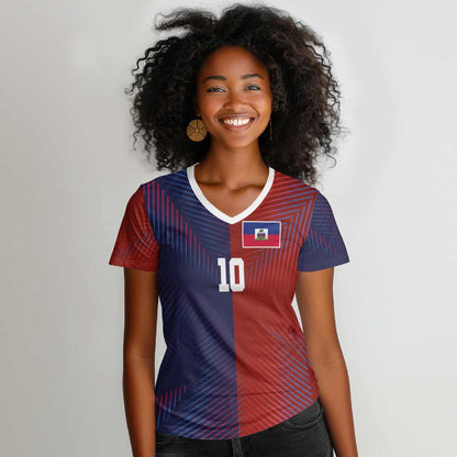 Custom Haiti National Football Women V-Neck T-Shirt Red Blue The Half Sporty Design - African Pride