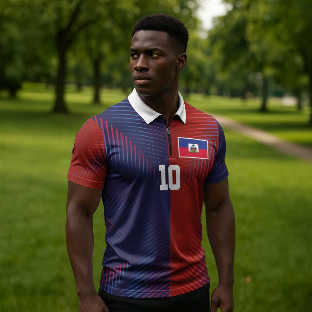 Custom Haiti National Football Zipper Polo Shirt Red Blue The Half Sporty Design - African Pride