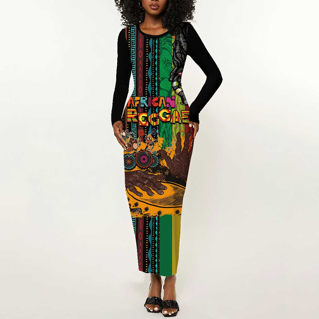 Afro-Caribbean Long Sleeve Bodycon Dress African and Reggae Art Music - African Pride