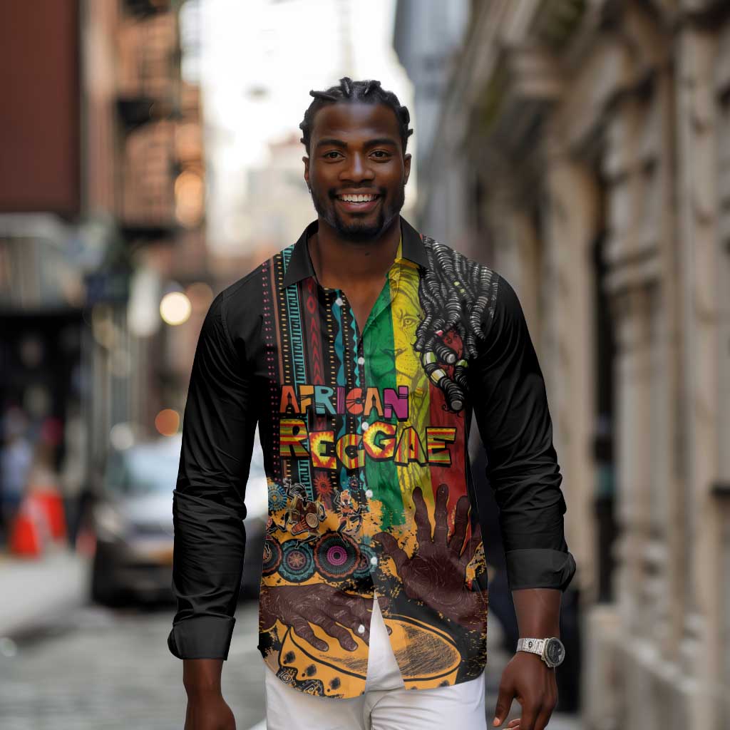 Afro-Caribbean Long Sleeve Button Shirt African and Reggae Art Music - African Pride