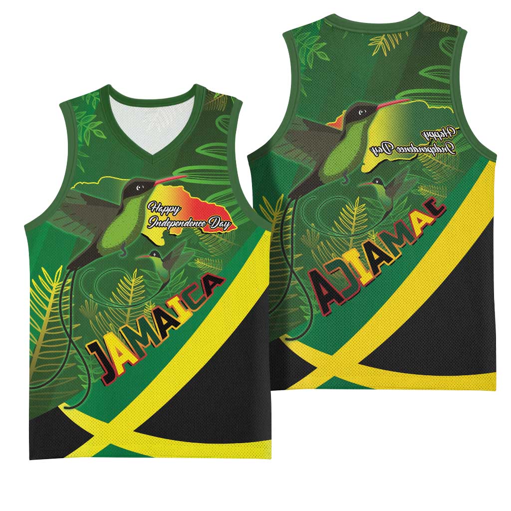 Afro Jamaica Independence Day Basketball Jersey Swallow-tail Hummingbird with Tropical Plants - African Pride