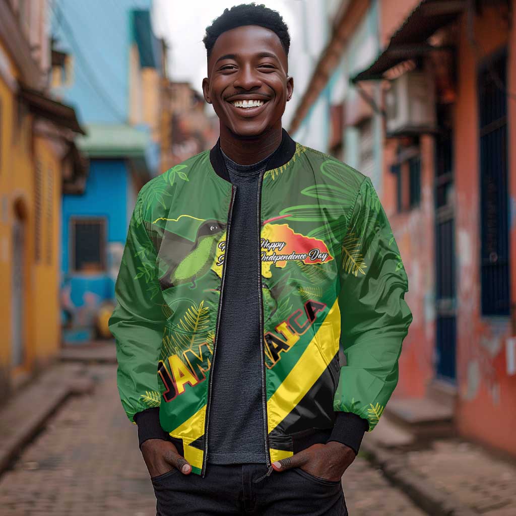 Afro Jamaica Independence Day Bomber Jacket Swallow-tail Hummingbird with Tropical Plants - African Pride