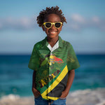 Afro Jamaica Independence Day Kid Hawaiian Shirt Swallow-tail Hummingbird with Tropical Plants - African Pride