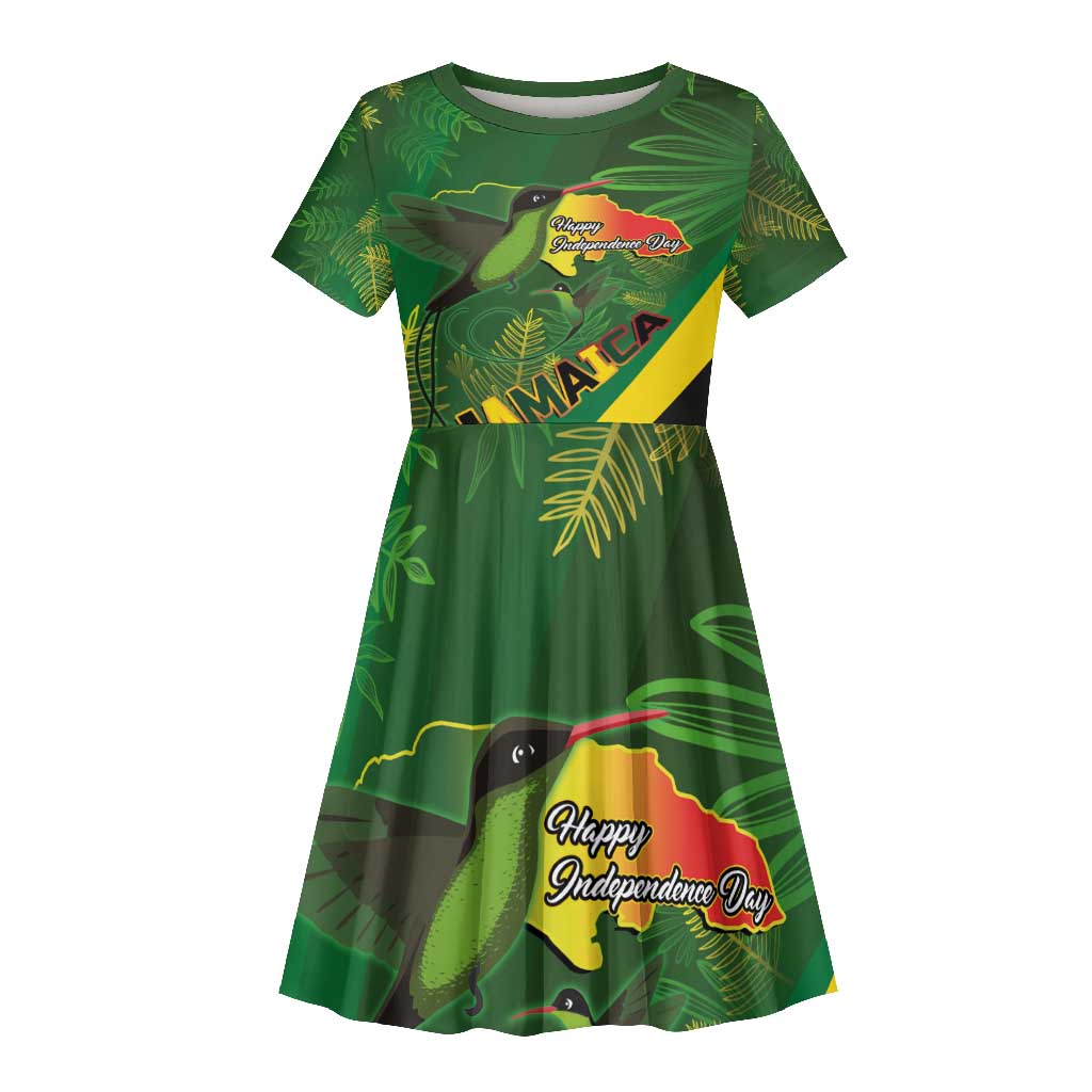 Afro Jamaica Independence Day Kid Short Sleeve Dress Swallow-tail Hummingbird with Tropical Plants - African Pride