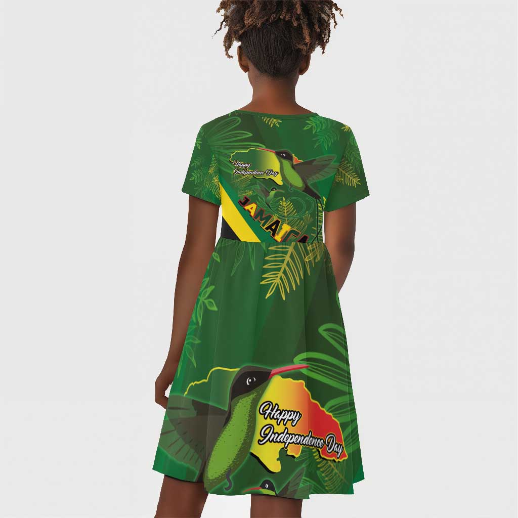 Afro Jamaica Independence Day Kid Short Sleeve Dress Swallow-tail Hummingbird with Tropical Plants - African Pride