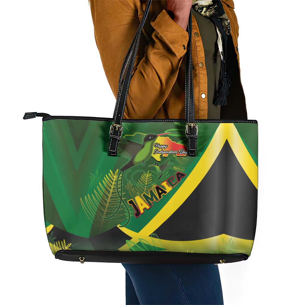 Afro Jamaica Independence Day Leather Tote Bag Swallow-tail Hummingbird with Tropical Plants - African Pride