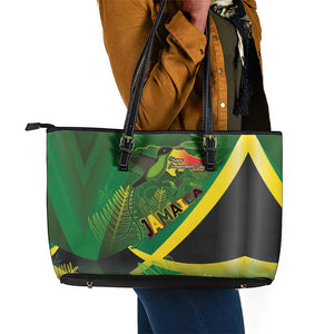 Afro Jamaica Independence Day Leather Tote Bag Swallow-tail Hummingbird with Tropical Plants - African Pride