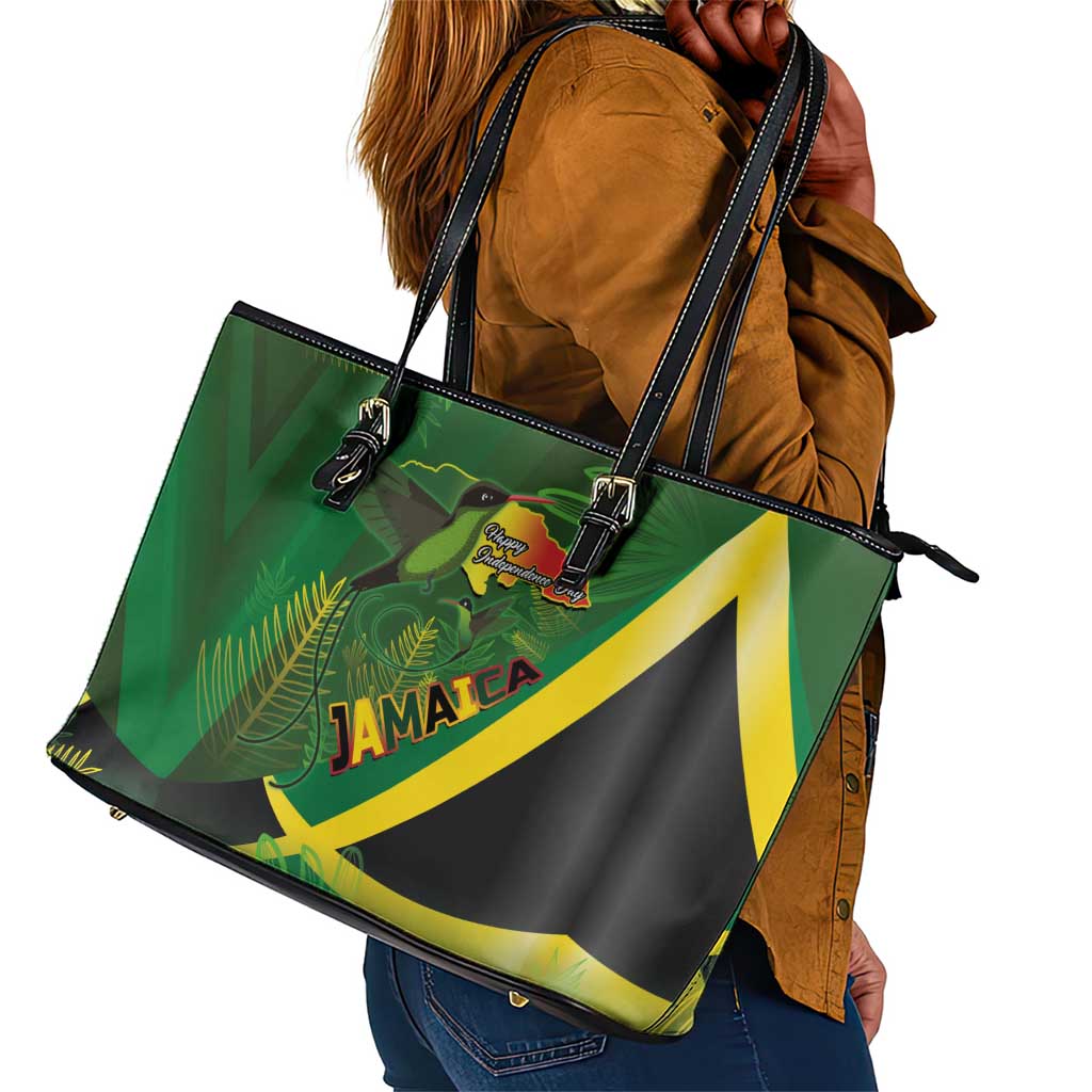Afro Jamaica Independence Day Leather Tote Bag Swallow-tail Hummingbird with Tropical Plants - African Pride