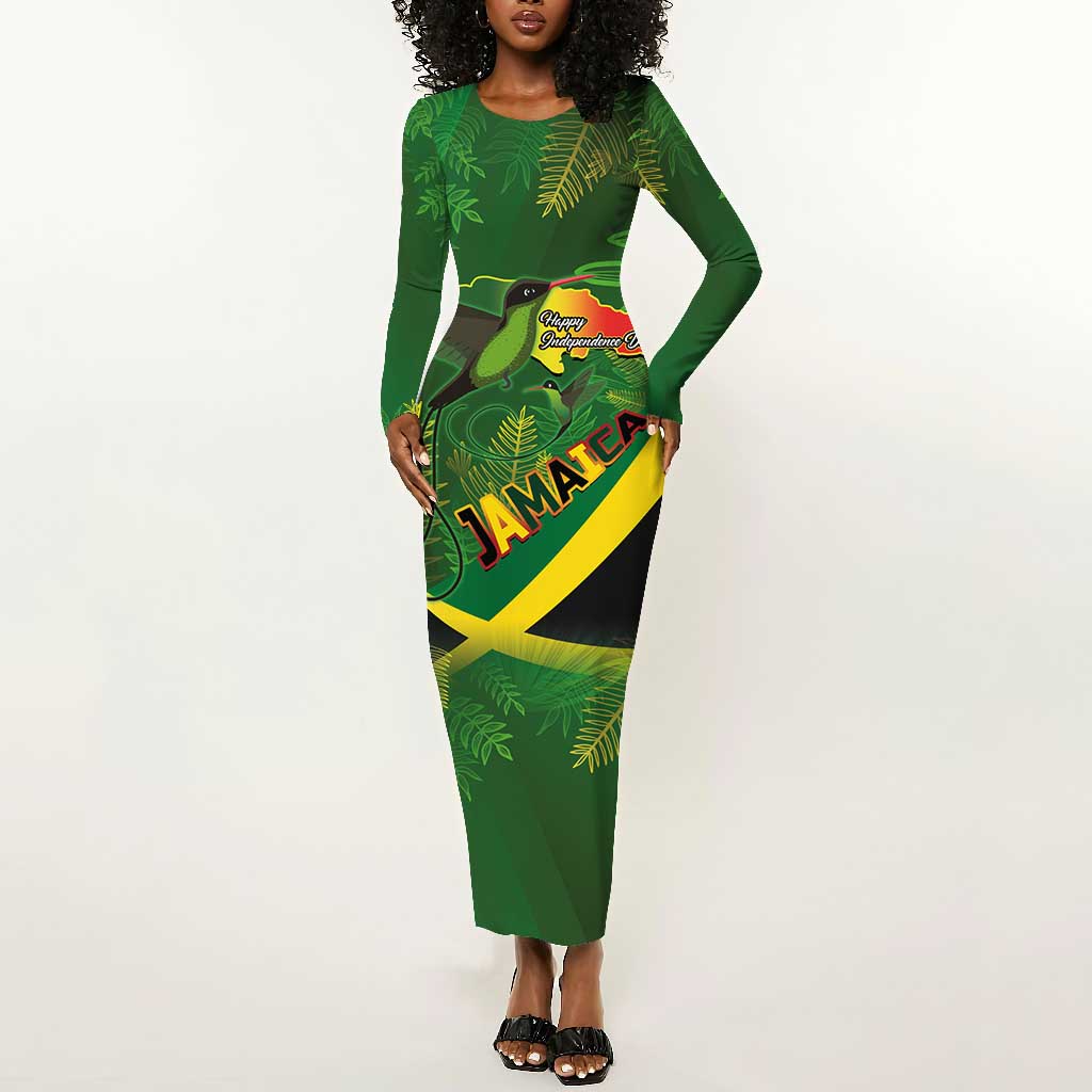 Afro Jamaica Independence Day Long Sleeve Bodycon Dress Swallow-tail Hummingbird with Tropical Plants - African Pride
