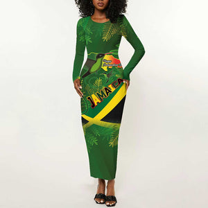 Afro Jamaica Independence Day Long Sleeve Bodycon Dress Swallow-tail Hummingbird with Tropical Plants - African Pride