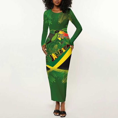 Afro Jamaica Independence Day Long Sleeve Bodycon Dress Swallow-tail Hummingbird with Tropical Plants - African Pride