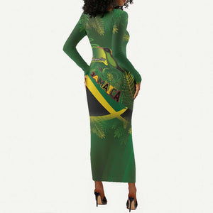 Afro Jamaica Independence Day Long Sleeve Bodycon Dress Swallow-tail Hummingbird with Tropical Plants - African Pride