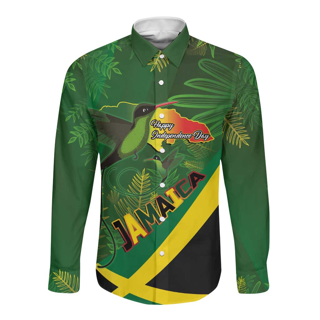 Afro Jamaica Independence Day Long Sleeve Button Shirt Swallow-tail Hummingbird with Tropical Plants - African Pride