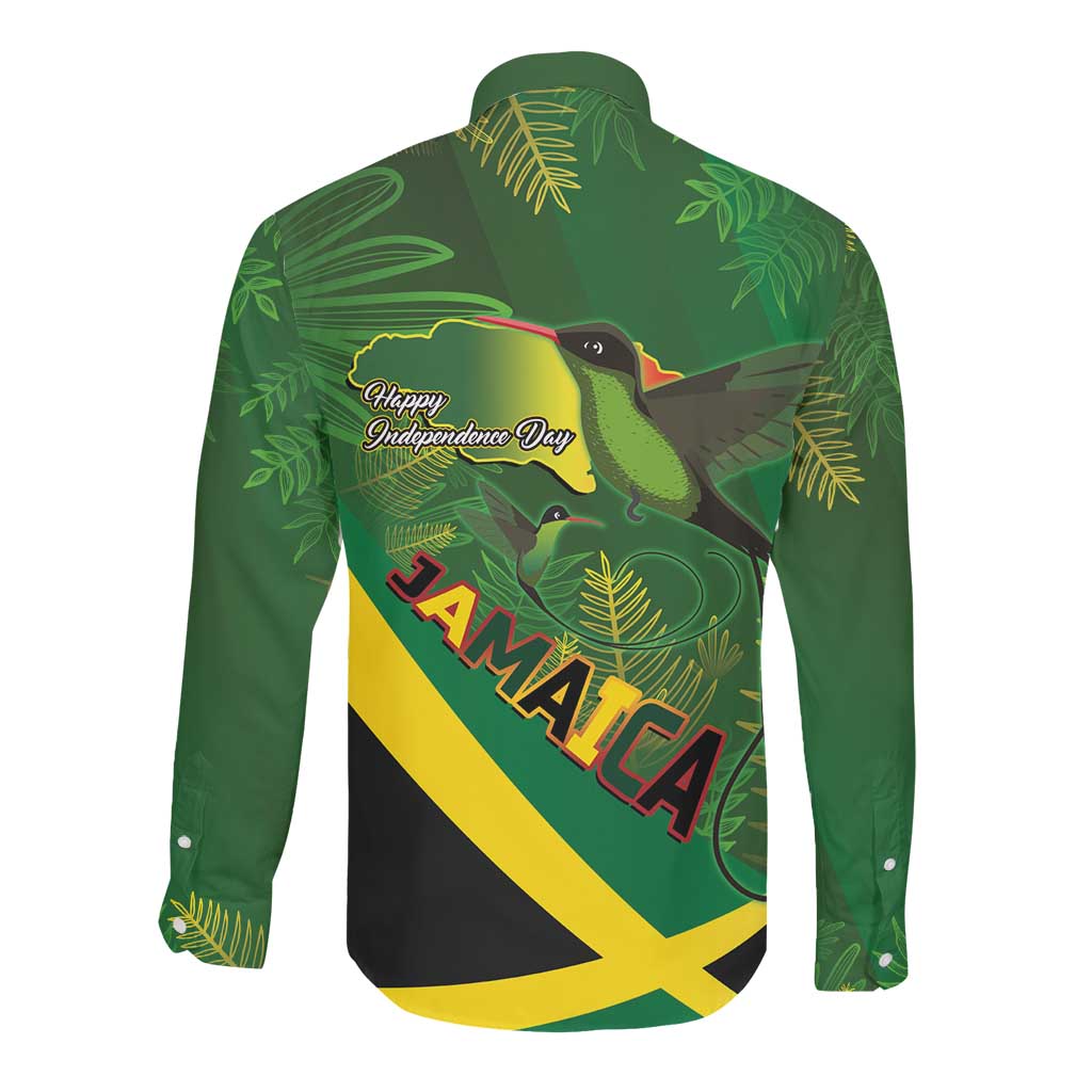 Afro Jamaica Independence Day Long Sleeve Button Shirt Swallow-tail Hummingbird with Tropical Plants - African Pride