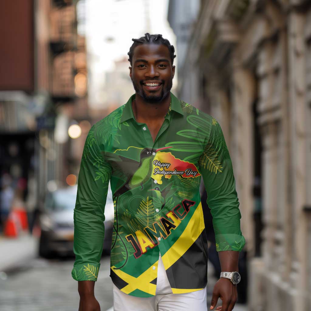 Afro Jamaica Independence Day Long Sleeve Button Shirt Swallow-tail Hummingbird with Tropical Plants - African Pride