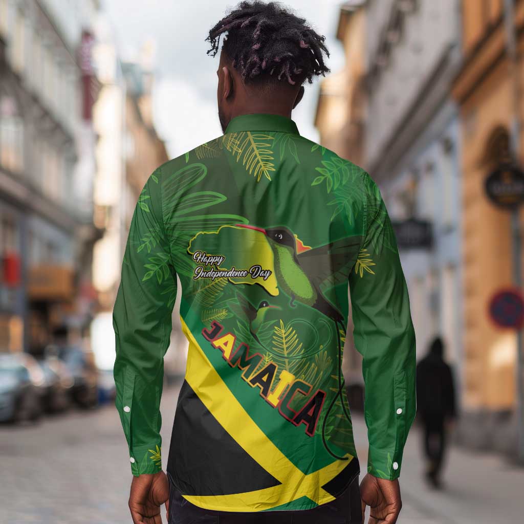 Afro Jamaica Independence Day Long Sleeve Button Shirt Swallow-tail Hummingbird with Tropical Plants - African Pride