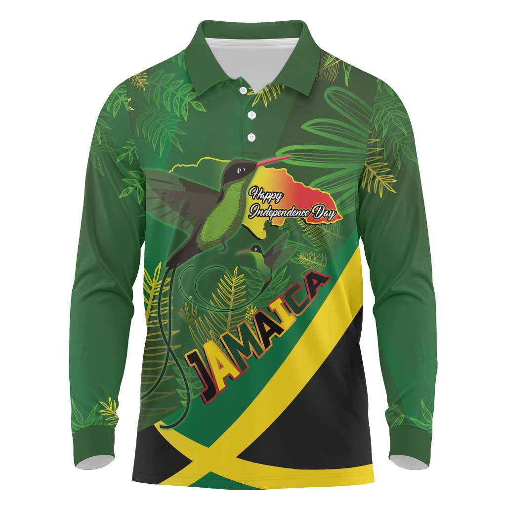 Afro Jamaica Independence Day Long Sleeve Polo Shirt Swallow-tail Hummingbird with Tropical Plants - African Pride