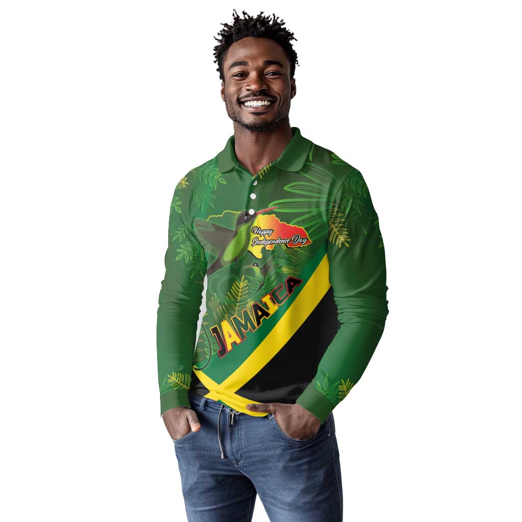 Afro Jamaica Independence Day Long Sleeve Polo Shirt Swallow-tail Hummingbird with Tropical Plants - African Pride