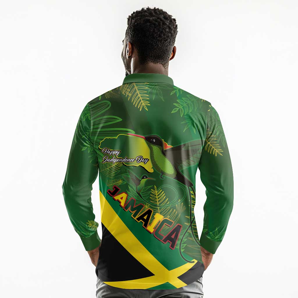 Afro Jamaica Independence Day Long Sleeve Polo Shirt Swallow-tail Hummingbird with Tropical Plants - African Pride