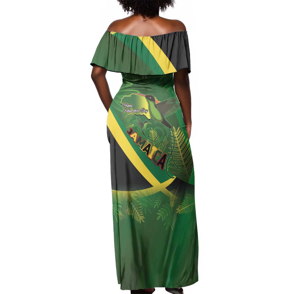 Afro Jamaica Independence Day Off Shoulder Maxi Dress Swallow-tail Hummingbird with Tropical Plants - African Pride