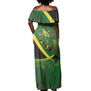 Afro Jamaica Independence Day Off Shoulder Maxi Dress Swallow-tail Hummingbird with Tropical Plants - African Pride