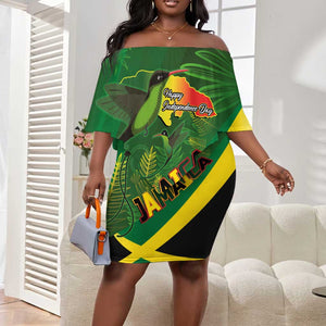 Afro Jamaica Independence Day Off Shoulder Short Dress Swallow-tail Hummingbird with Tropical Plants - African Pride