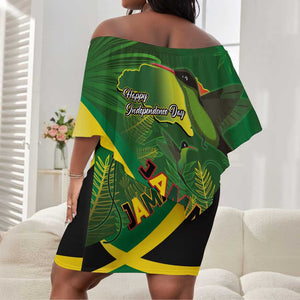 Afro Jamaica Independence Day Off Shoulder Short Dress Swallow-tail Hummingbird with Tropical Plants - African Pride