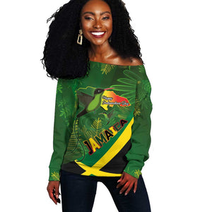 Afro Jamaica Independence Day Off Shoulder Sweater Swallow-tail Hummingbird with Tropical Plants - African Pride