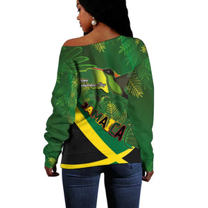 Afro Jamaica Independence Day Off Shoulder Sweater Swallow-tail Hummingbird with Tropical Plants - African Pride