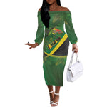 Afro Jamaica Independence Day Off The Shoulder Long Sleeve Dress Swallow-tail Hummingbird with Tropical Plants - African Pride