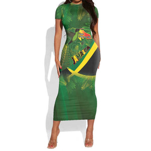 Afro Jamaica Independence Day Short Sleeve Bodycon Dress Swallow-tail Hummingbird with Tropical Plants - African Pride