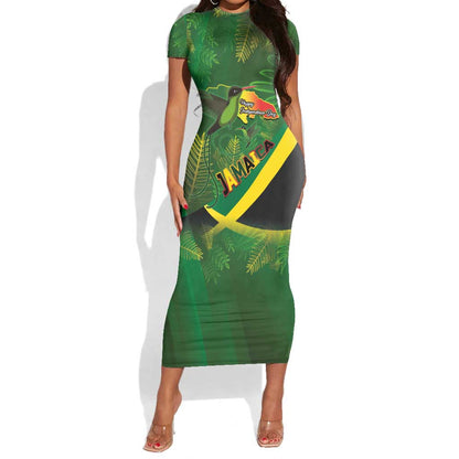 Afro Jamaica Independence Day Short Sleeve Bodycon Dress Swallow-tail Hummingbird with Tropical Plants - African Pride