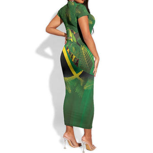 Afro Jamaica Independence Day Short Sleeve Bodycon Dress Swallow-tail Hummingbird with Tropical Plants - African Pride